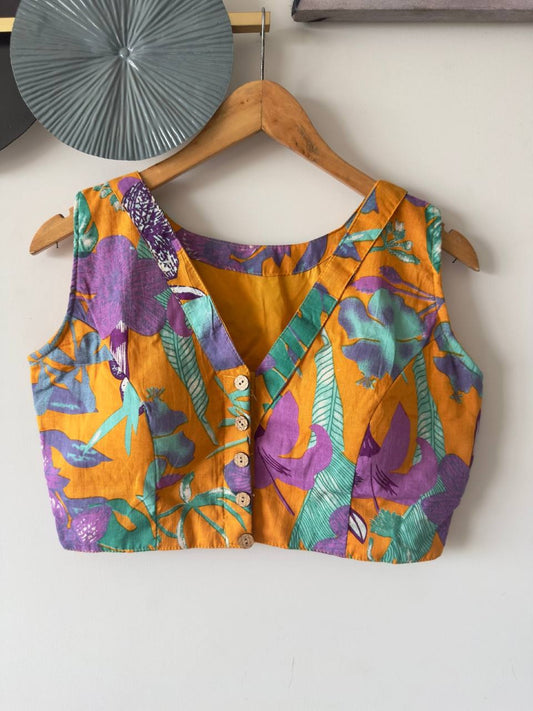 Deep V neck Floral Print Sleeveless Cotton Blouse Front open top for Women