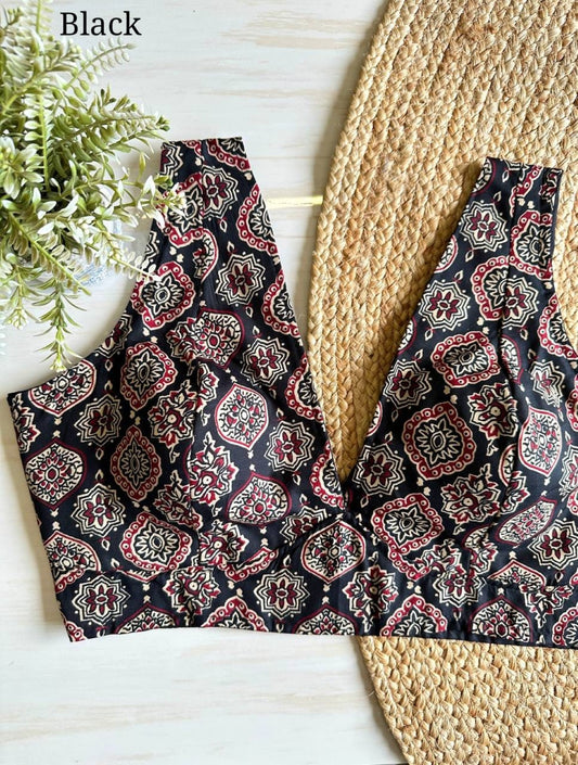 Ajrakh Print Padded Cotton Blouse Sleeveless Deep V neck Top Tunic for Women