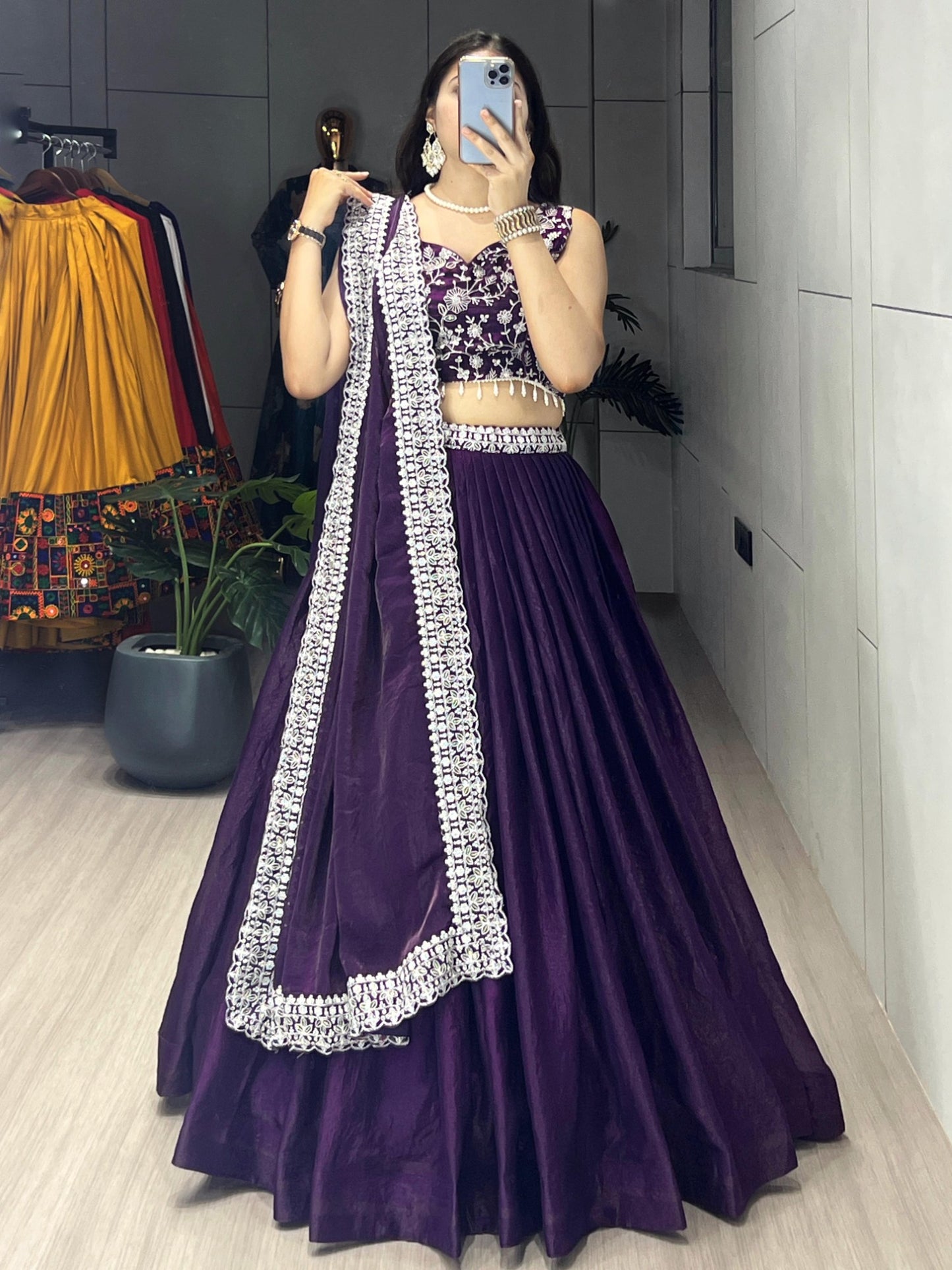 Purple Fendy Satin Lehenga Choli with Heavy Embroidered Blouse & Dupatta