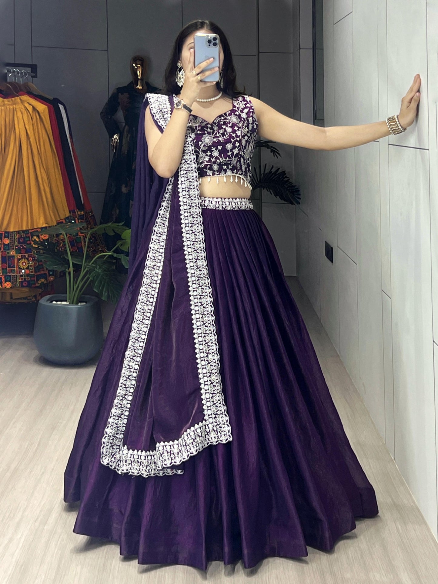 Purple Fendy Satin Lehenga Choli with Heavy Embroidered Blouse & Dupatta