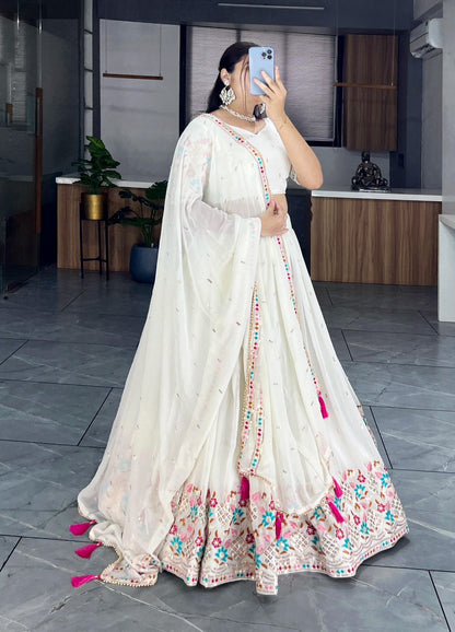 Off White Faux Georgette Embroidered Lehenga Choli With Dupatta