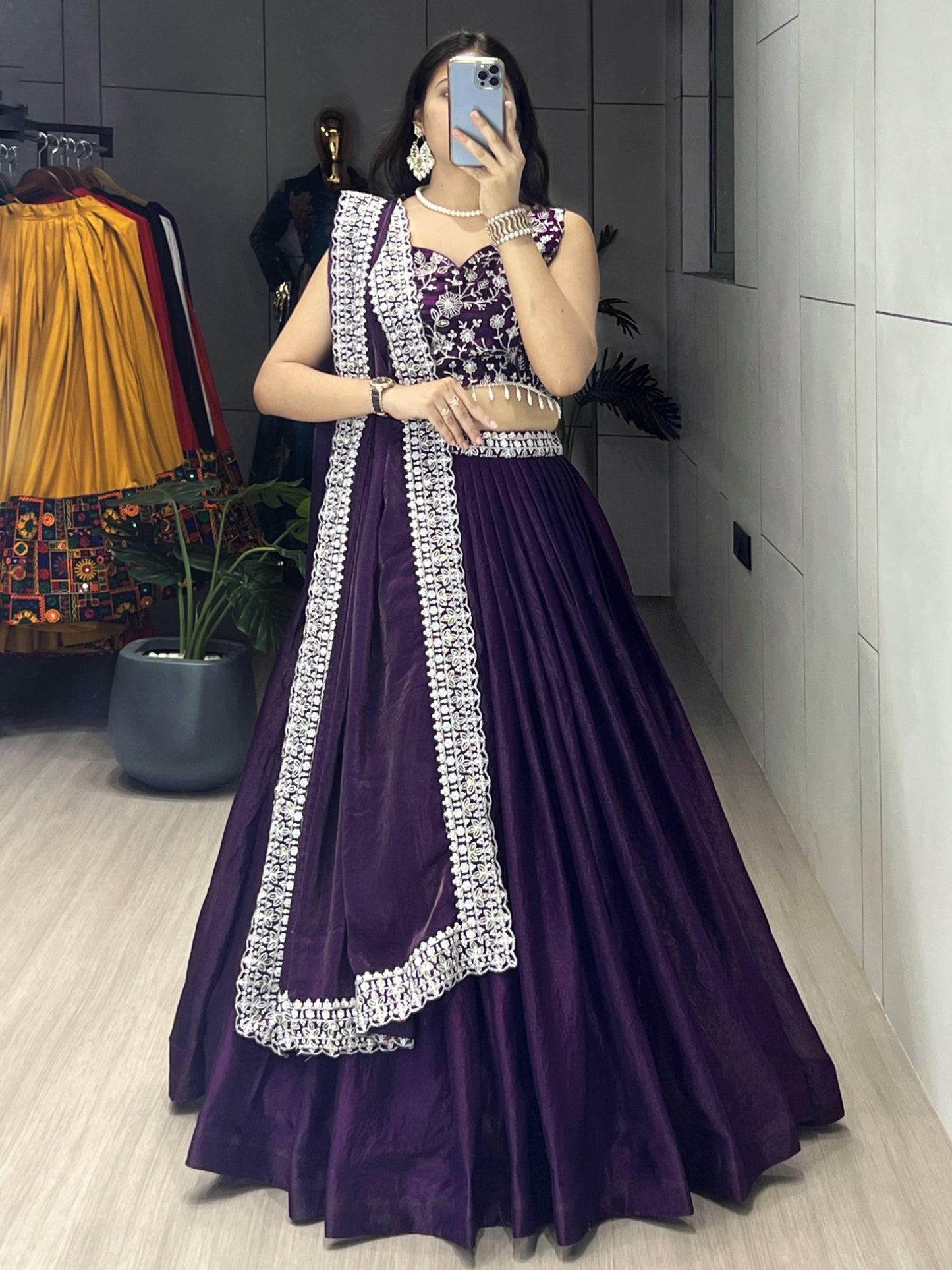 Purple Fendy Satin Lehenga Choli with Heavy Embroidered Blouse & Dupatta
