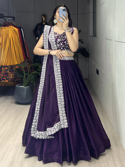 Purple Fendy Satin Lehenga Choli with Heavy Embroidered Blouse & Dupatta