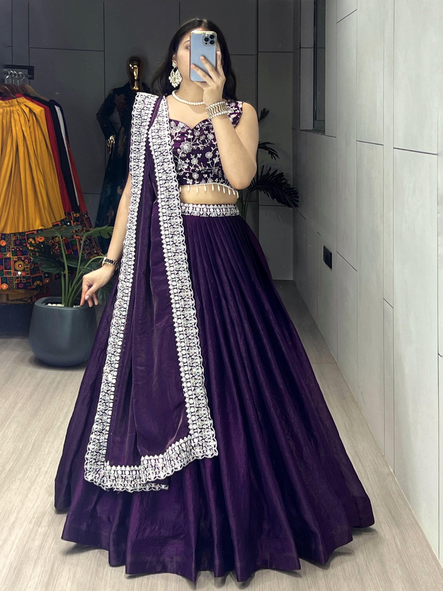 Purple Fendy Satin Lehenga Choli with Heavy Embroidered Blouse & Dupatta
