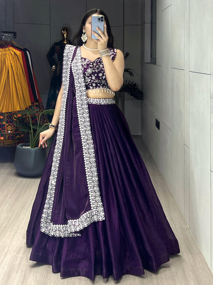Purple Fendy Satin Lehenga Choli with Heavy Embroidered Blouse & Dupatta