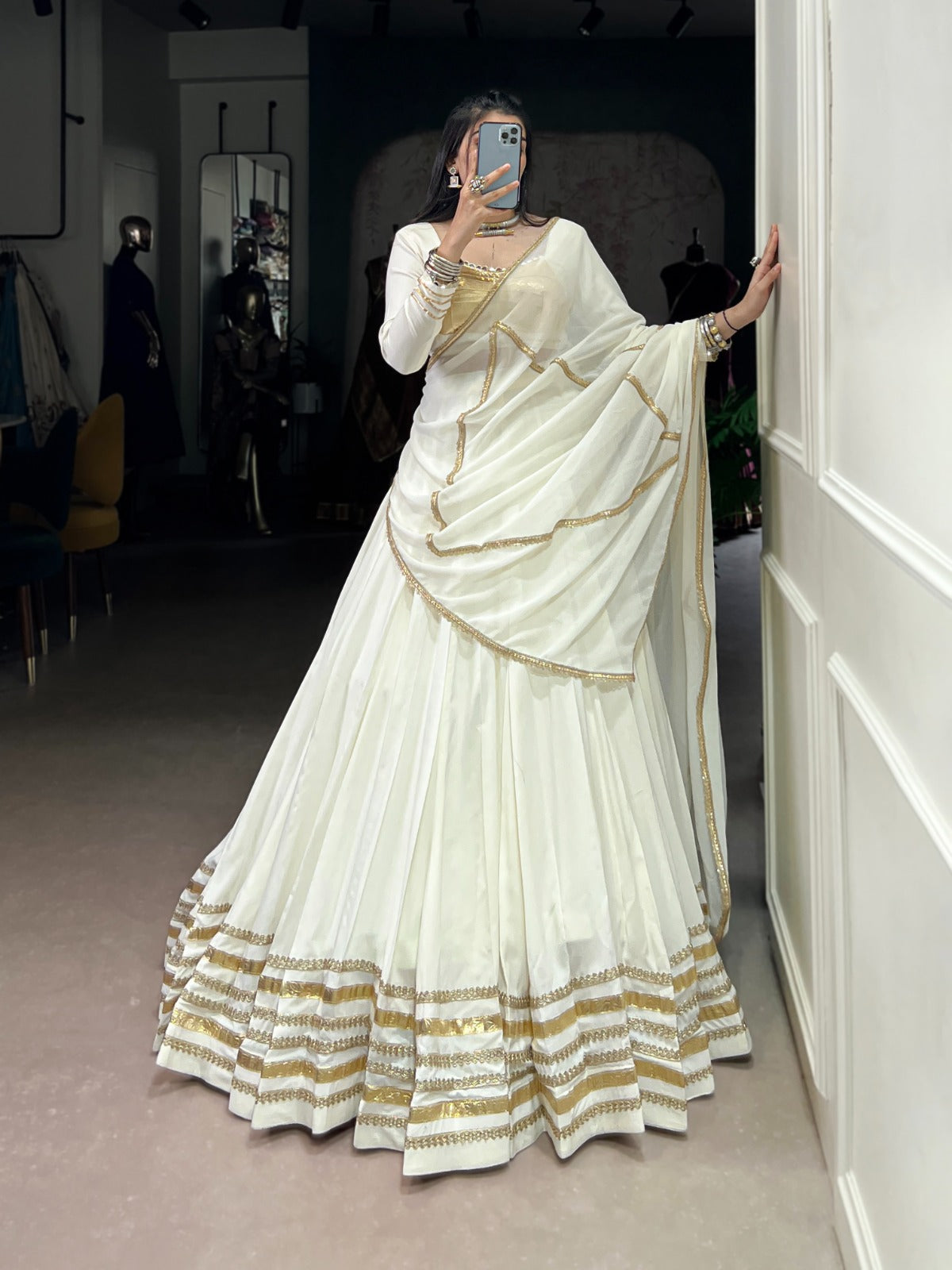 Ivory White Rayon Lehenga Set with Gold Gotta Patti & Mirror Work Blouse