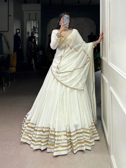 Ivory White Rayon Lehenga Set with Gold Gotta Patti & Mirror Work Blouse
