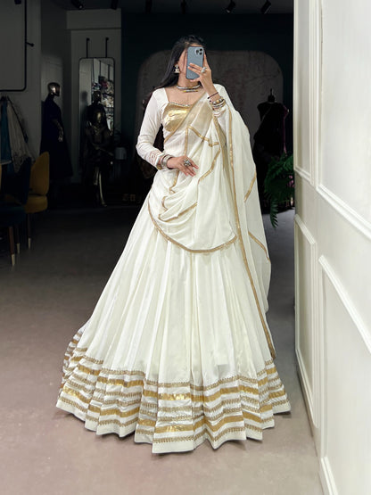Ivory White Rayon Lehenga Set with Gold Gotta Patti & Mirror Work Blouse