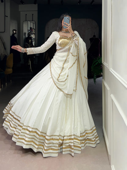 Ivory White Rayon Lehenga Set with Gold Gotta Patti & Mirror Work Blouse