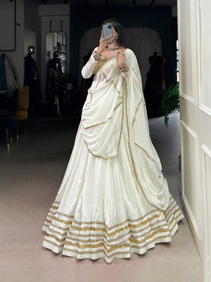 Ivory White Rayon Lehenga Set with Gold Gotta Patti & Mirror Work Blouse