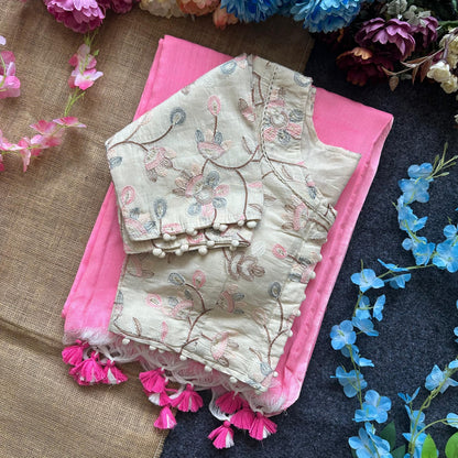 Pure Khadi Cotton saree with Readymade White Khadi Cotton Blouse