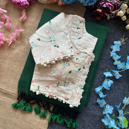 Pure Khadi Cotton saree with Readymade White Khadi Cotton Blouse