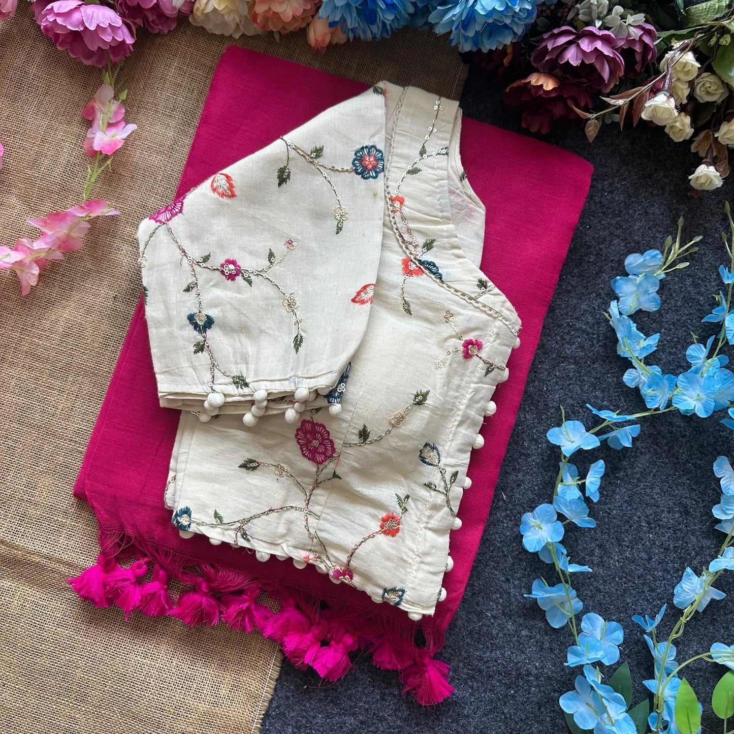 Pure Khadi Cotton saree with Readymade White Khadi Cotton Blouse