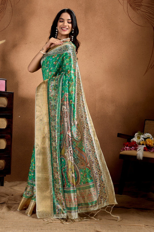 Banarasi Silk Saree with Golden Zari Border & Floral Weaving