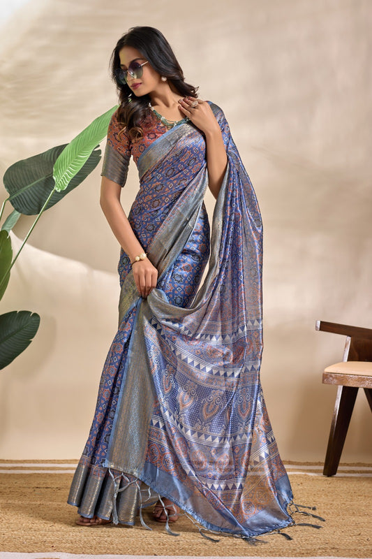 Blue Geometric Pattern Silk Saree with Silver Zari Border