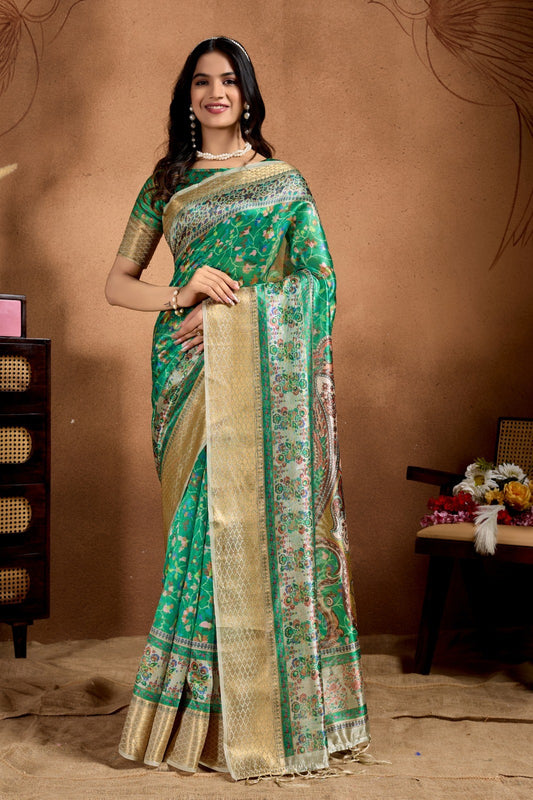 Banarasi Silk Saree with Golden Zari Border & Floral Weaving