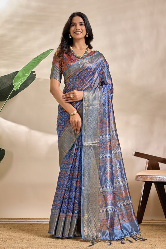 Blue Geometric Pattern Silk Saree with Silver Zari Border