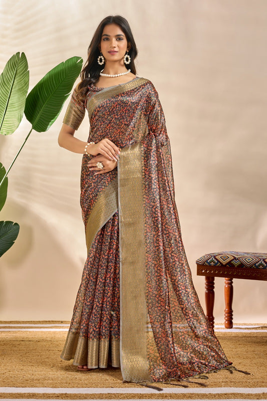 Black & Maroon Floral Soft Silk Saree with Gold Zari Border