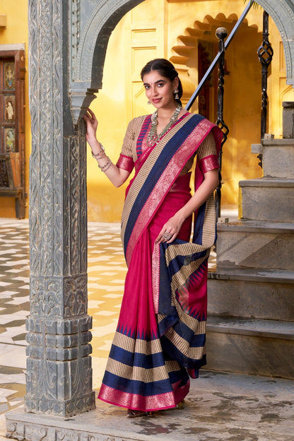 Poly Cotton Saree with Printed Zari Weaving and Matching Blouse