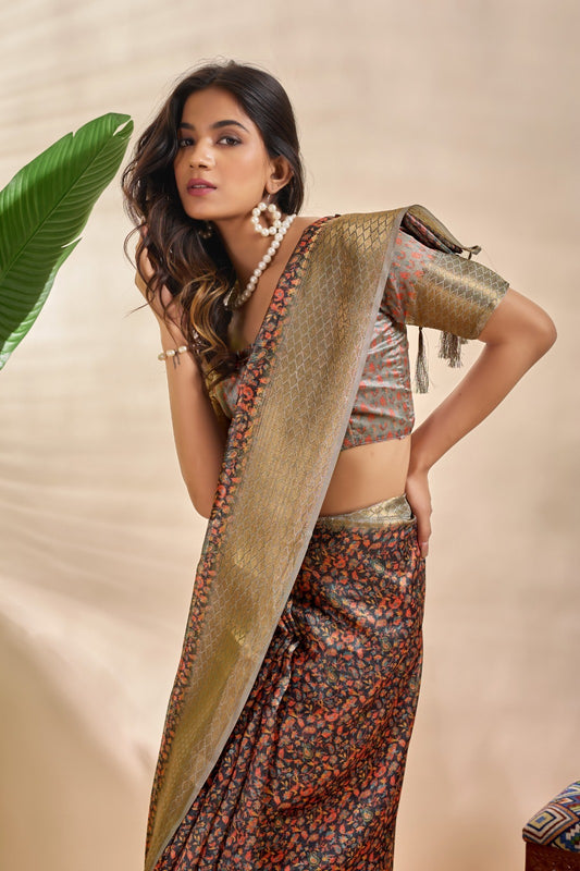 Black & Maroon Floral Soft Silk Saree with Gold Zari Border