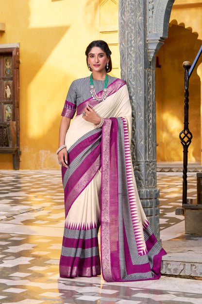 Poly Cotton Saree with Printed Zari Weaving and Matching Blouse